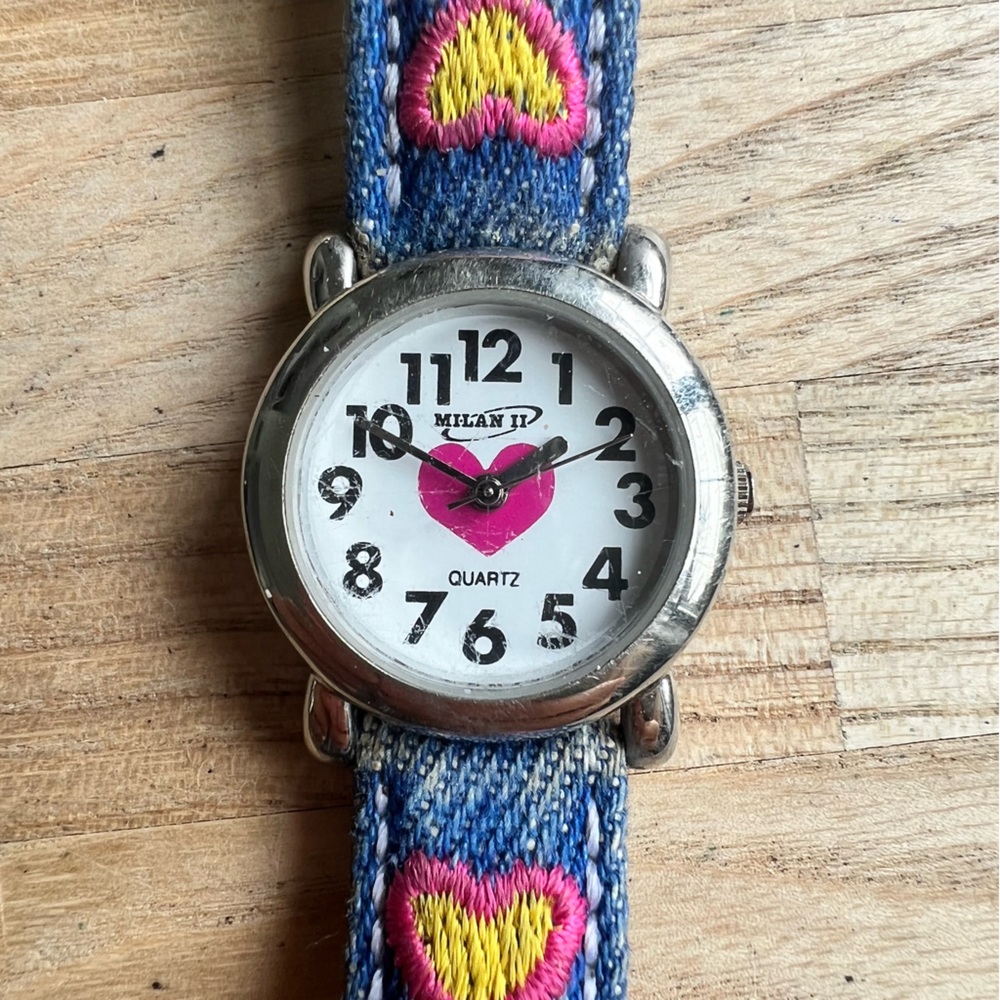 Vintage Milan II ladies denim embroidered hearts fashion watch NEW BATTERY